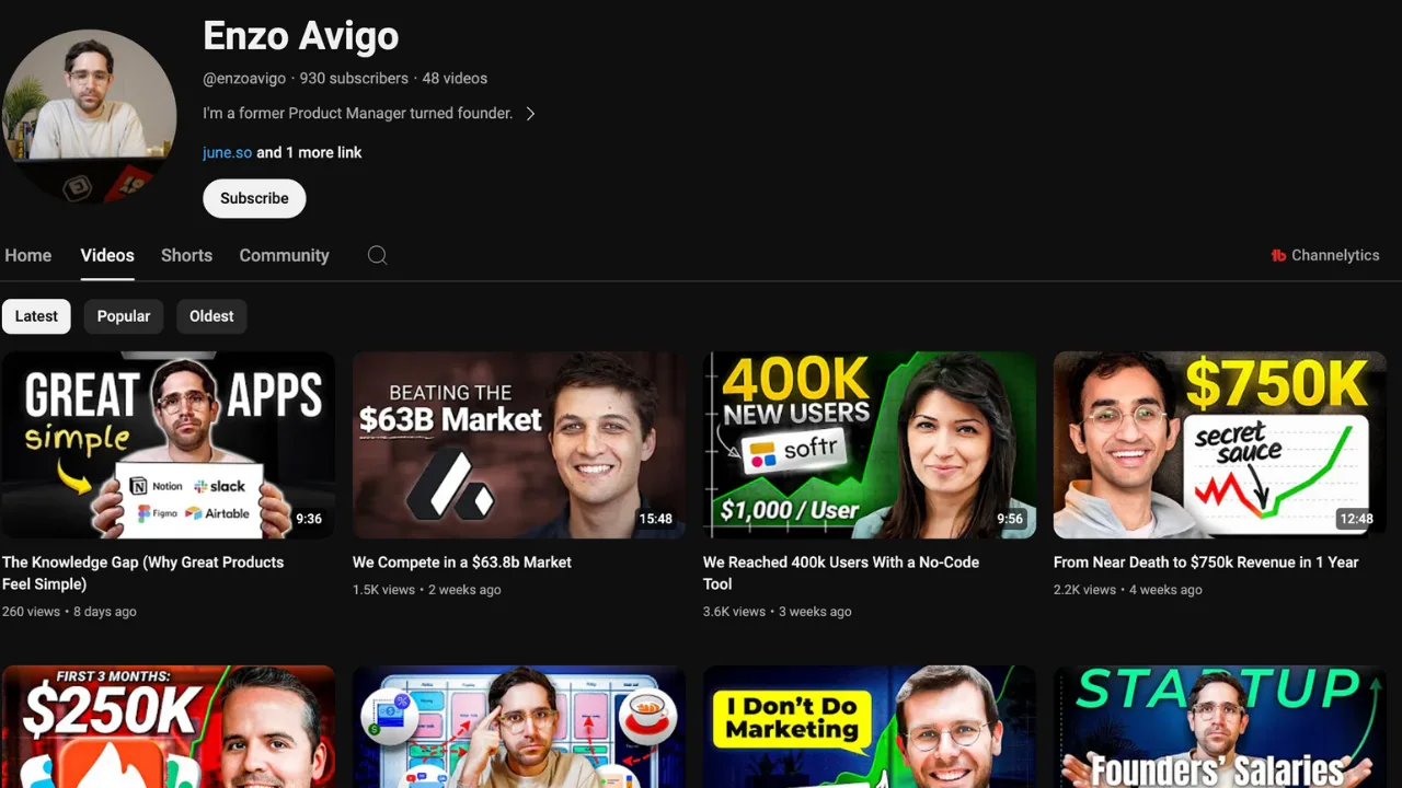 Enzo Avigo's YouTube channel (June.so)