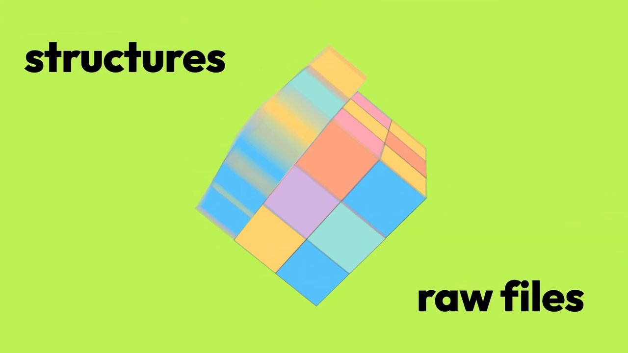 A frame from BioRaptor's product demo: a cube of colorful blocks between the words structures and raw files, on lime green