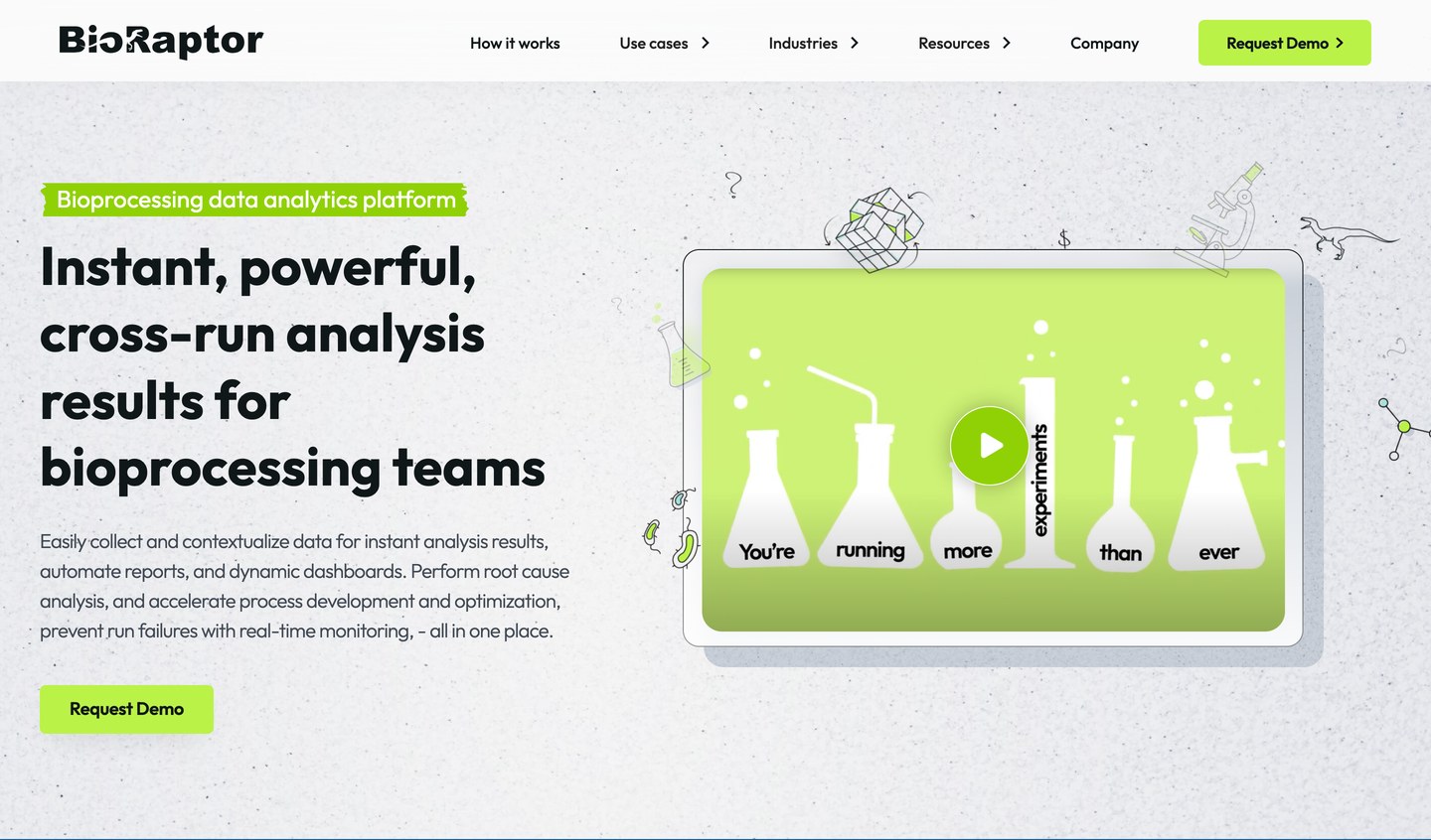 BioRaptor's website, with the product demo video on the page