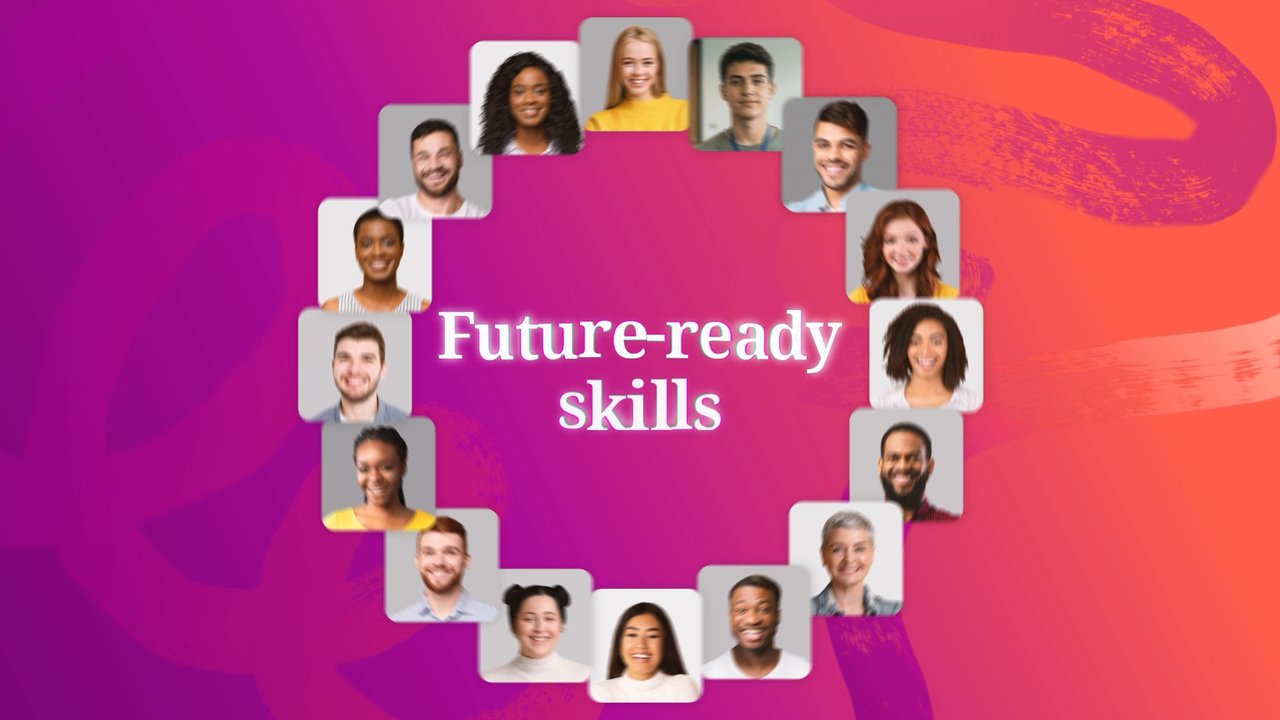 A ring of portraits around the words Future-ready skills, on a purple to orange gradient