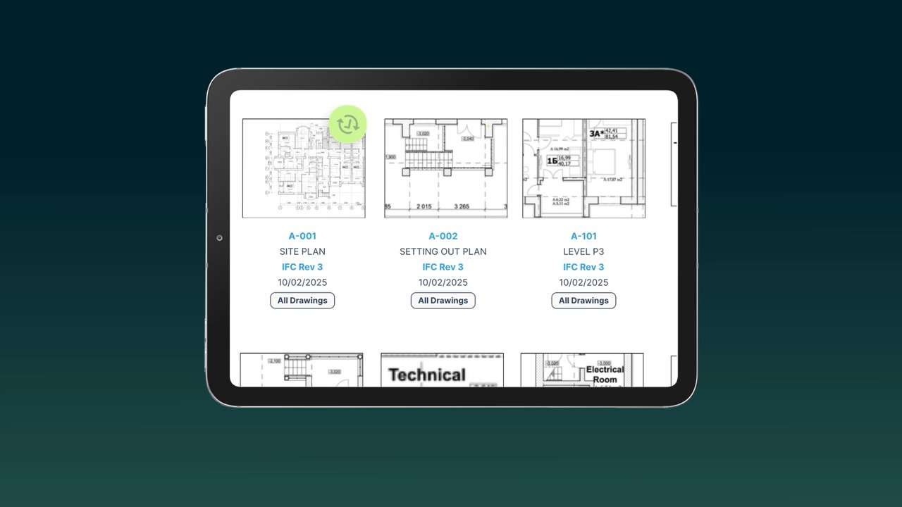 An iPad showing Part3's construction drawing sheets: site plan and setting out plan