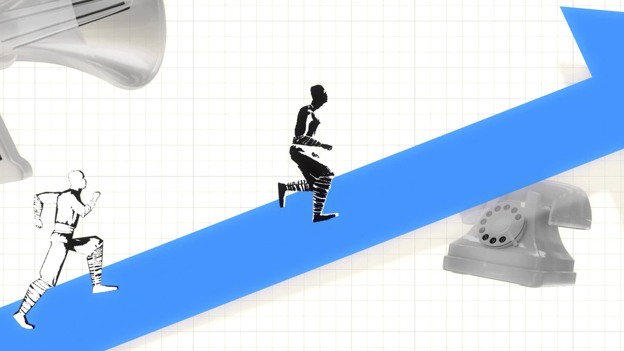 Two hand-drawn runners sprinting up a big blue arrow past an old telephone