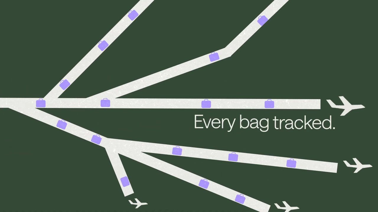 Flat animation of baggage routes with planes and the words Every bag tracked