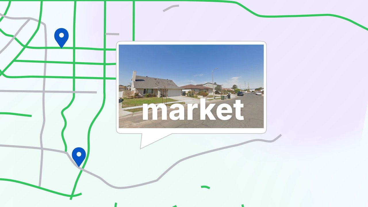 A street map with location pins and a photo of a suburban house labelled market