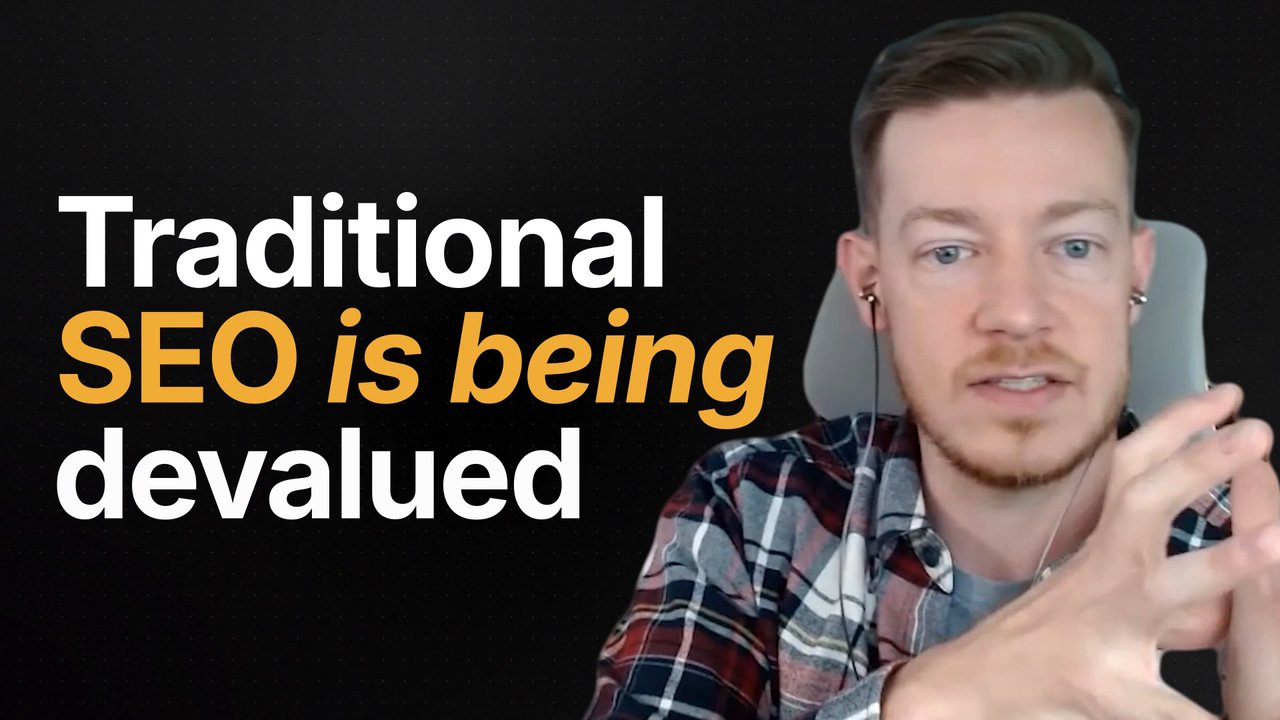 A presenter talking to camera beside the words Traditional SEO is being devalued
