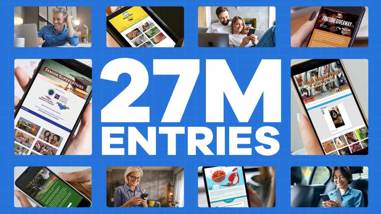 27M entries in large white type on blue, between photos of people using phones and laptops