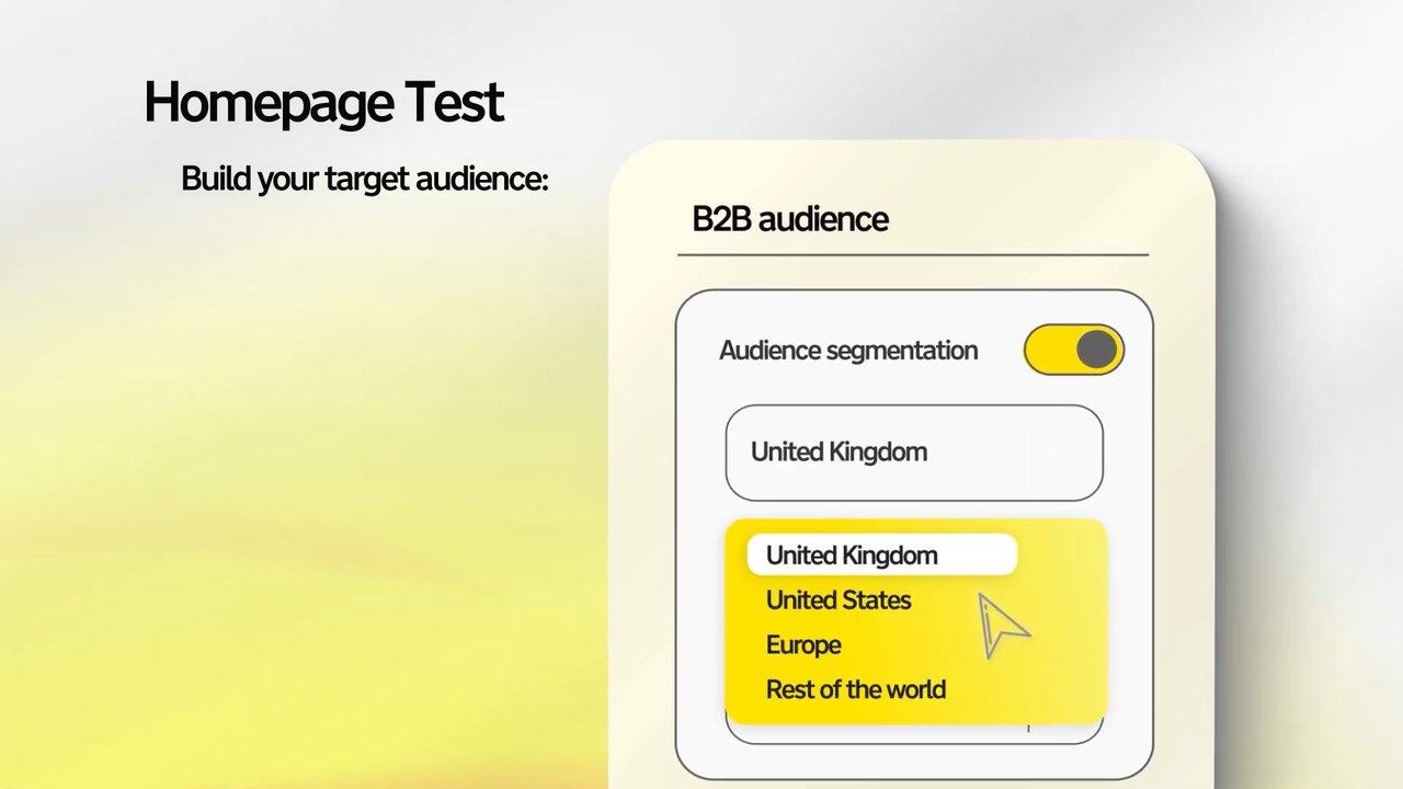 Wynter's Homepage Test screen: building a B2B audience, with United Kingdom picked from a list of regions